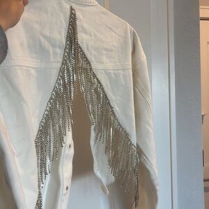 White Denim Rhinestone Fringe Jacket